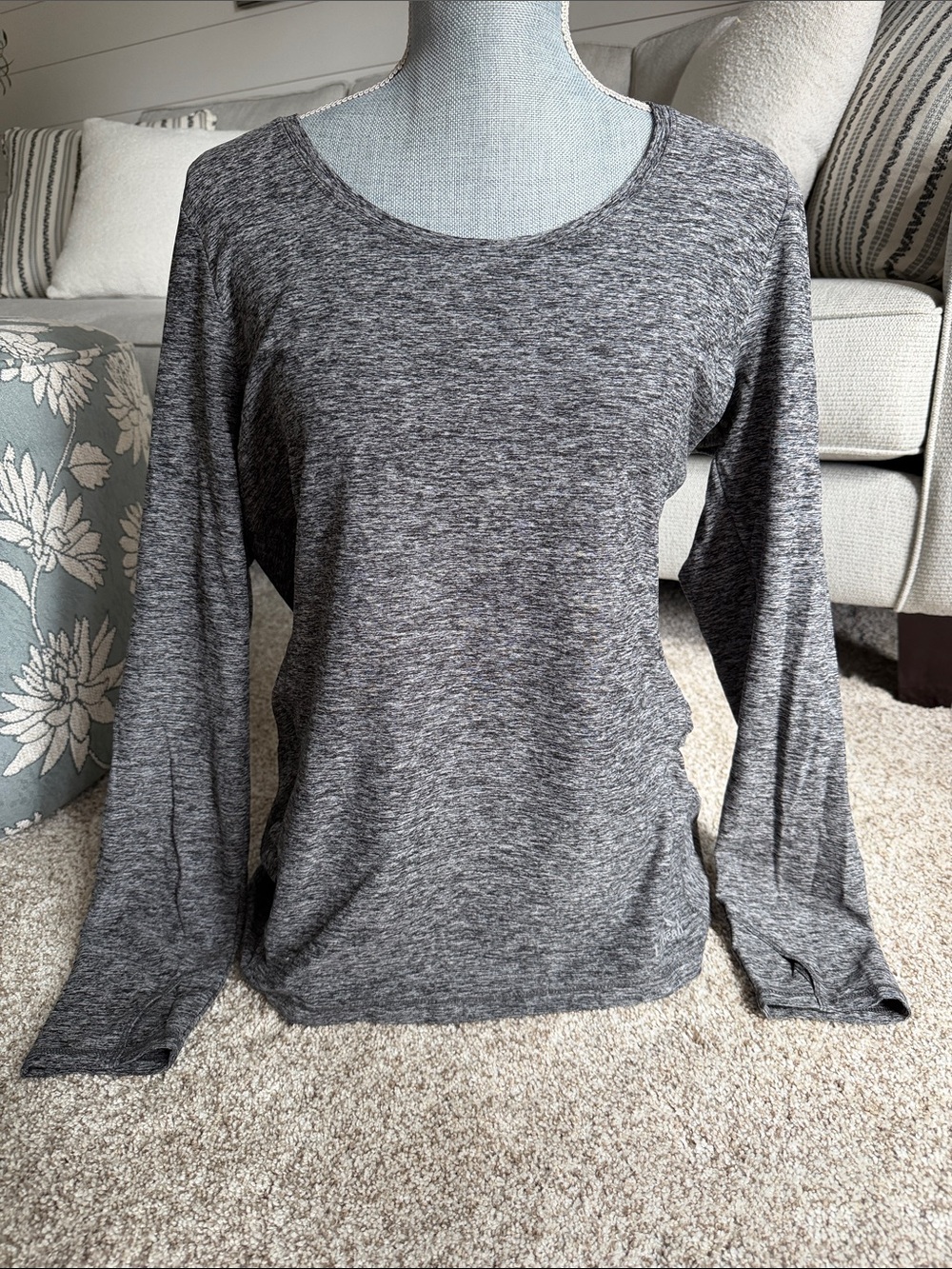 L.L.BEAN Heather Gray-Black Long Sleeve Scoop Neck Top